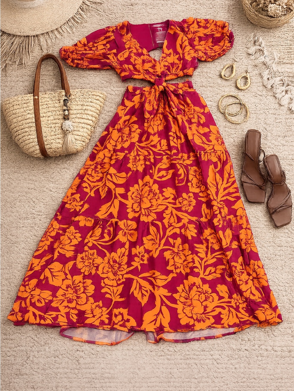 Flying Tomato Magenta Maxi Dress with Orange Floral Print
